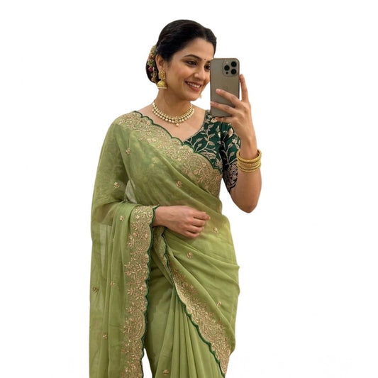 Generic Women's Star Georgette Embroidered Saree With Unstitched Blouse 5.5Mtr (Green)