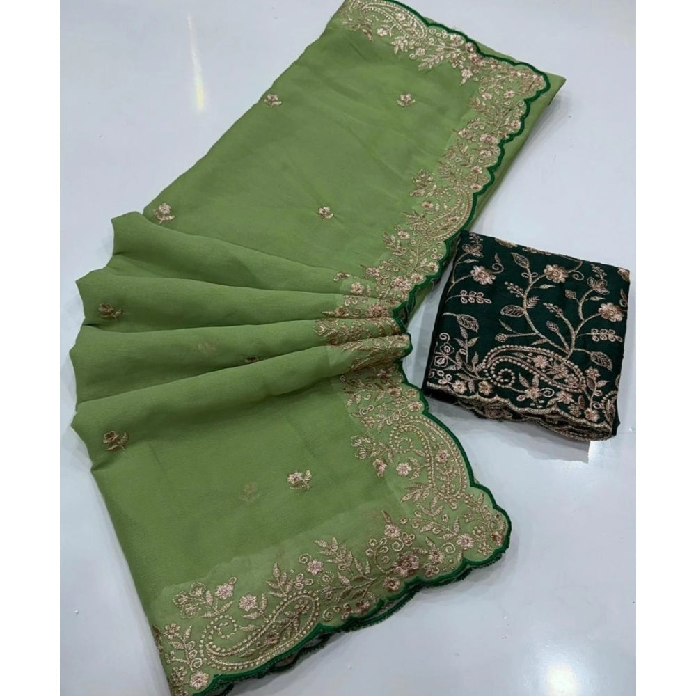 Generic Women's Star Georgette Embroidered Saree With Unstitched Blouse 5.5Mtr (Green)