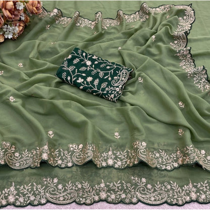 Generic Women's Star Georgette Embroidered Saree With Unstitched Blouse 5.5Mtr (Green)