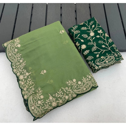 Generic Women's Star Georgette Embroidered Saree With Unstitched Blouse 5.5Mtr (Green)