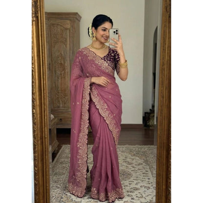Generic Women's Star Georgette Embroidered Saree With Unstitched Blouse 5.5Mtr (Pink)
