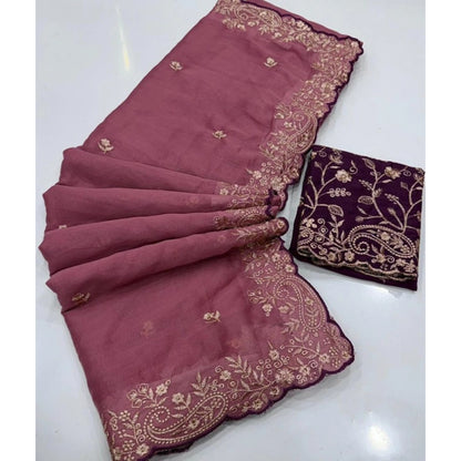 Generic Women's Star Georgette Embroidered Saree With Unstitched Blouse 5.5Mtr (Pink)