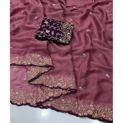 Generic Women's Star Georgette Embroidered Saree With Unstitched Blouse 5.5Mtr (Pink)