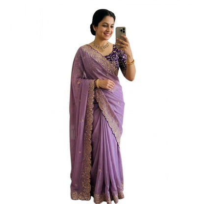 Generic Women's Star Georgette Embroidered Saree With Unstitched Blouse 5.5Mtr (Purple)