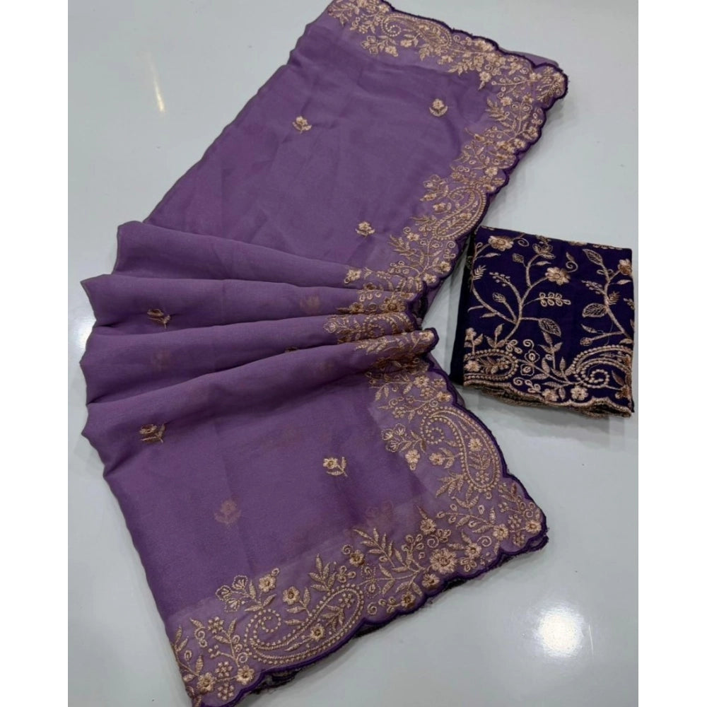 Generic Women's Star Georgette Embroidered Saree With Unstitched Blouse 5.5Mtr (Purple)