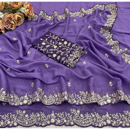 Generic Women's Star Georgette Embroidered Saree With Unstitched Blouse 5.5Mtr (Purple)