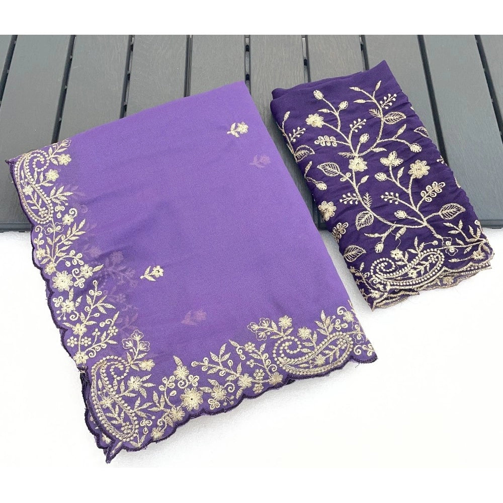 Generic Women's Star Georgette Embroidered Saree With Unstitched Blouse 5.5Mtr (Purple)