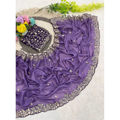 Generic Women's Star Georgette Embroidered Saree With Unstitched Blouse 5.5Mtr (Purple)