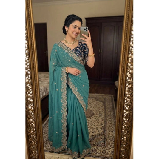 Generic Women's Star Georgette Embroidered Saree With Unstitched Blouse 5.5Mtr (Sea Green)