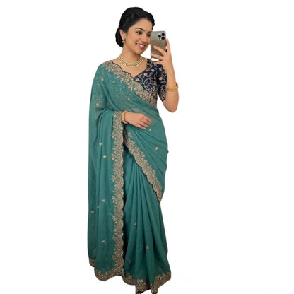 Generic Women's Star Georgette Embroidered Saree With Unstitched Blouse 5.5Mtr (Sea Green)