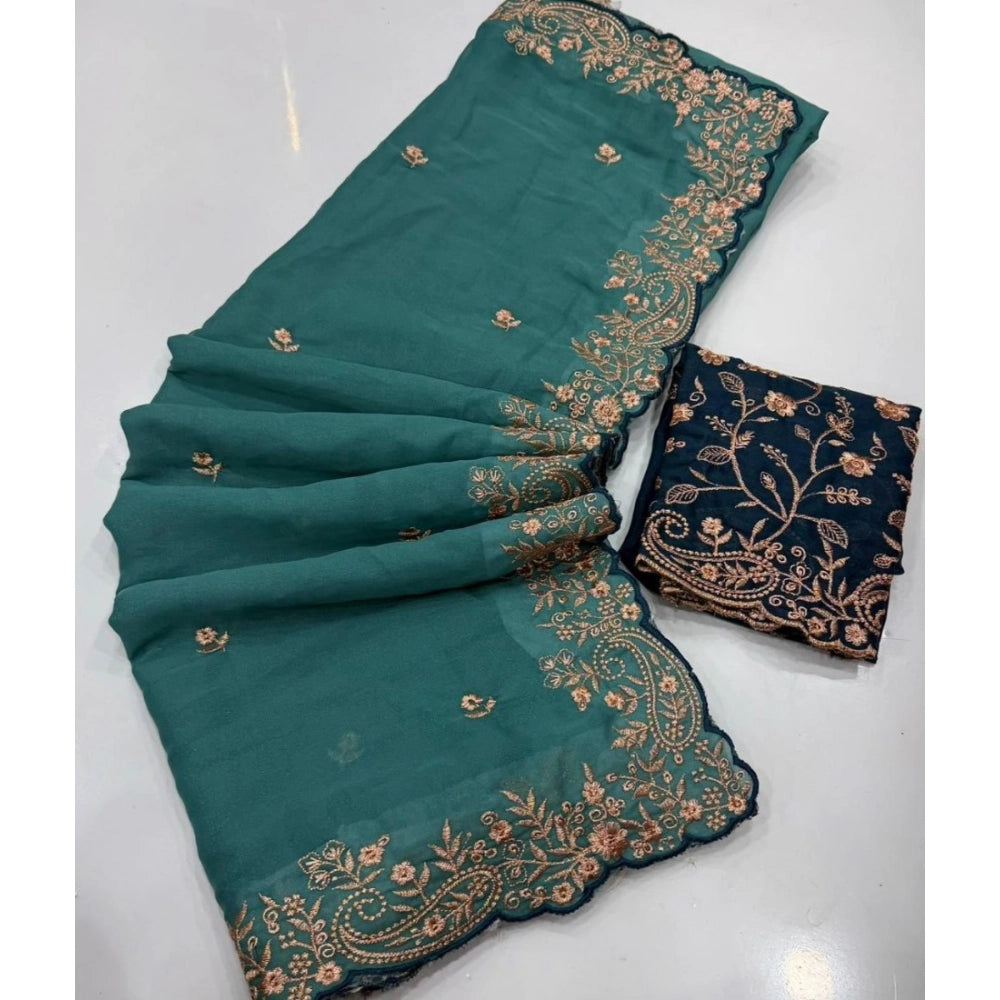 Generic Women's Star Georgette Embroidered Saree With Unstitched Blouse 5.5Mtr (Sea Green)