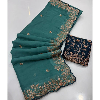 Generic Women's Star Georgette Embroidered Saree With Unstitched Blouse 5.5Mtr (Sea Green)
