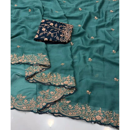 Generic Women's Star Georgette Embroidered Saree With Unstitched Blouse 5.5Mtr (Sea Green)
