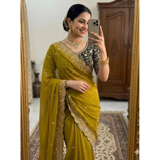 Generic Women's Star Georgette Embroidered Saree With Unstitched Blouse 5.5Mtr (Mustard Yellow)
