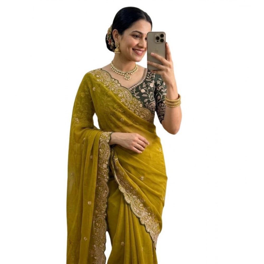 Generic Women's Star Georgette Embroidered Saree With Unstitched Blouse 5.5Mtr (Mustard Yellow)