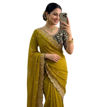 Generic Women's Star Georgette Embroidered Saree With Unstitched Blouse 5.5Mtr (Mustard Yellow)