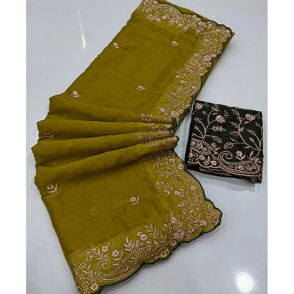 Generic Women's Star Georgette Embroidered Saree With Unstitched Blouse 5.5Mtr (Mustard Yellow)