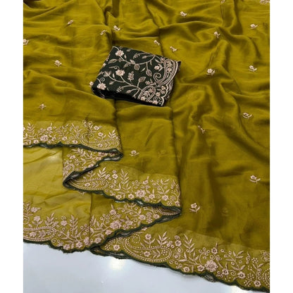 Generic Women's Star Georgette Embroidered Saree With Unstitched Blouse 5.5Mtr (Mustard Yellow)