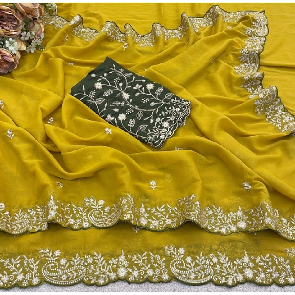 Generic Women's Star Georgette Embroidered Saree With Unstitched Blouse 5.5Mtr (Mustard Yellow)