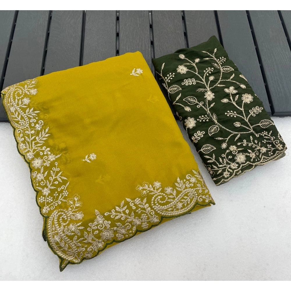 Generic Women's Star Georgette Embroidered Saree With Unstitched Blouse 5.5Mtr (Mustard Yellow)