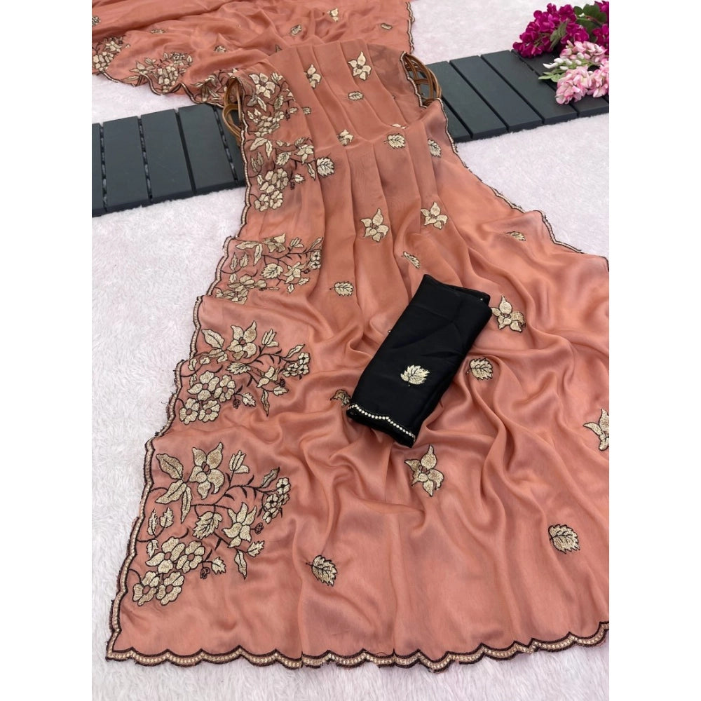 Generic Women's Viscose Silk Embroidered Saree With Unstitched Blouse 5.5Mtr (Peach)