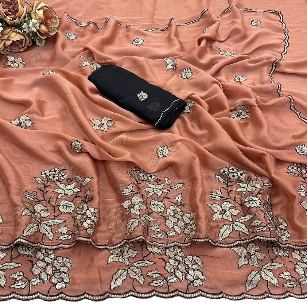 Generic Women's Viscose Silk Embroidered Saree With Unstitched Blouse 5.5Mtr (Peach)