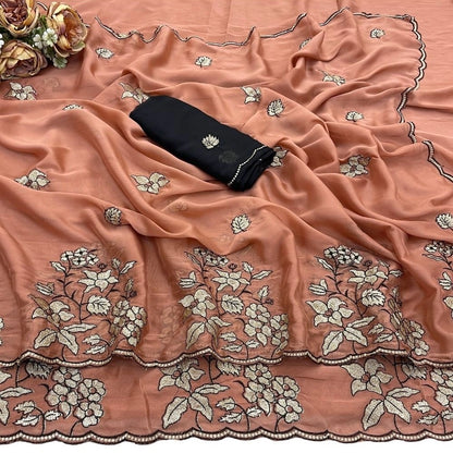 Generic Women's Viscose Silk Embroidered Saree With Unstitched Blouse 5.5Mtr (Peach)