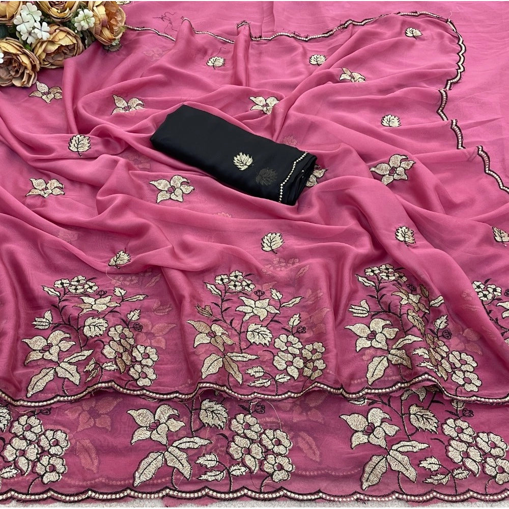 Generic Women's Viscose Silk Embroidered Saree With Unstitched Blouse 5.5Mtr (Pink)