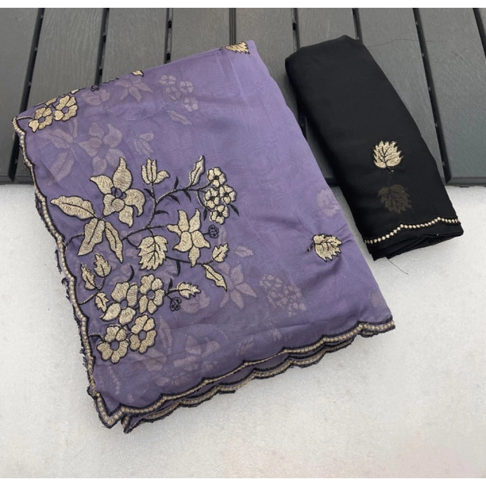 Generic Women's Viscose Silk Embroidered Saree With Unstitched Blouse 5.5Mtr (Purple)