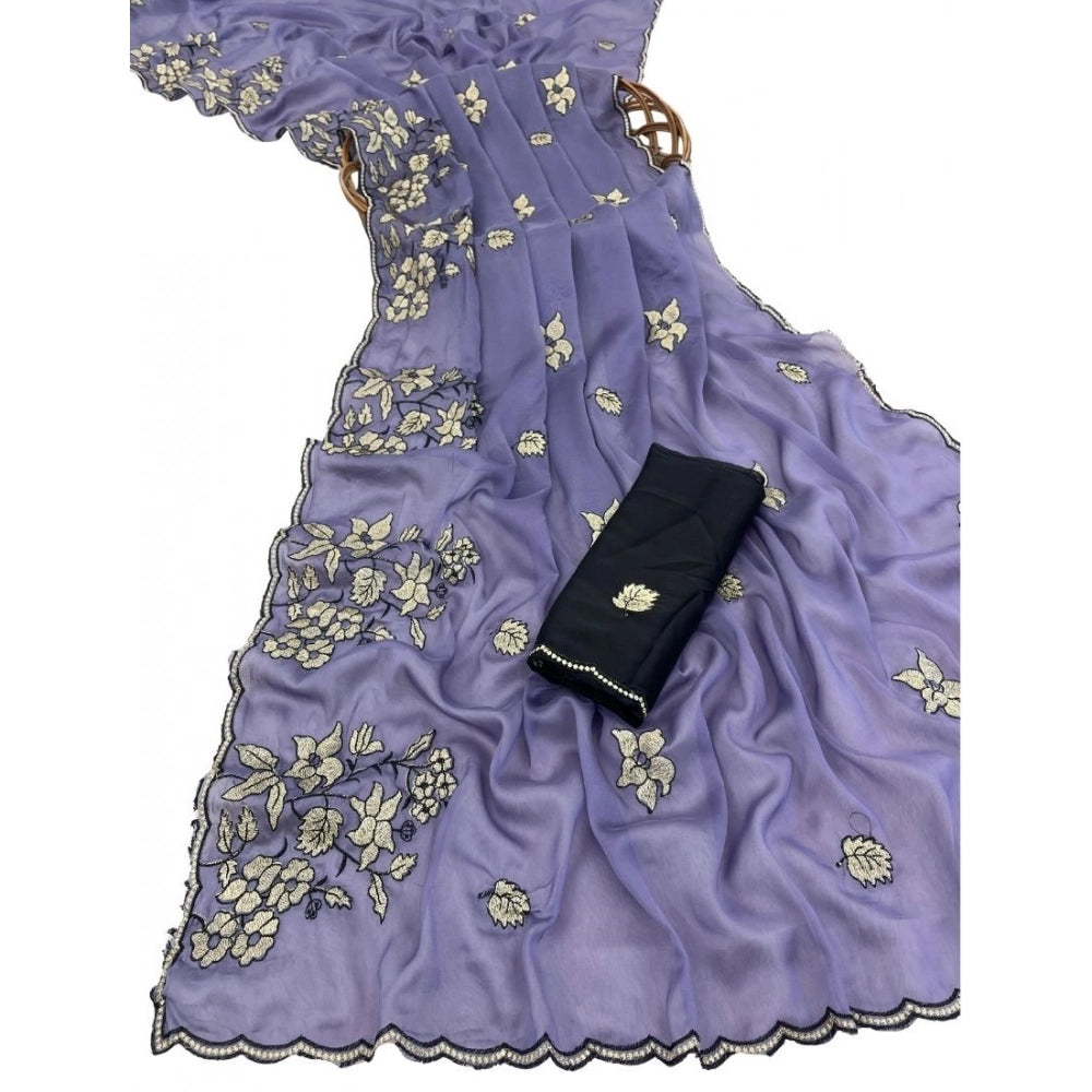Generic Women's Viscose Silk Embroidered Saree With Unstitched Blouse 5.5Mtr (Purple)