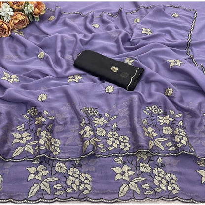 Generic Women's Viscose Silk Embroidered Saree With Unstitched Blouse 5.5Mtr (Purple)