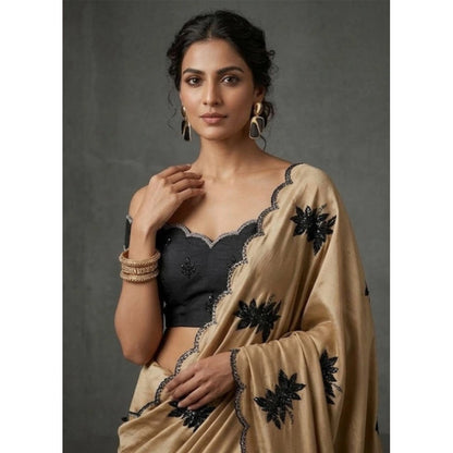 Generic Women's Viscose Silk Embroidered Saree With Unstitched Blouse 5.5Mtr (Beige)