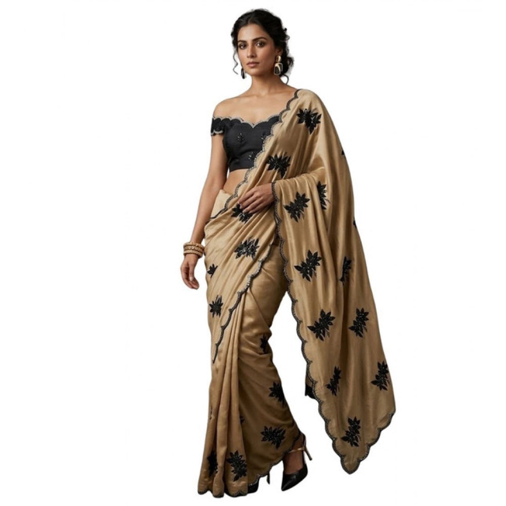 Generic Women's Viscose Silk Embroidered Saree With Unstitched Blouse 5.5Mtr (Beige)