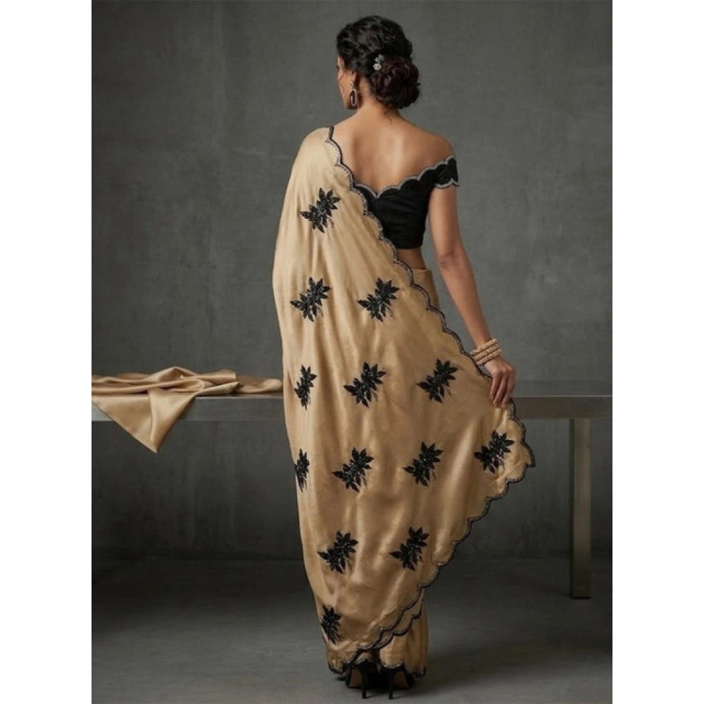 Generic Women's Viscose Silk Embroidered Saree With Unstitched Blouse 5.5Mtr (Beige)