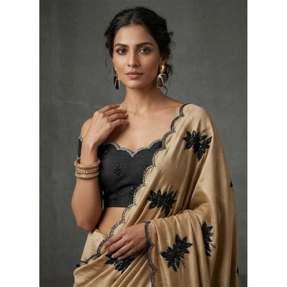 Generic Women's Viscose Silk Embroidered Saree With Unstitched Blouse 5.5Mtr (Beige)