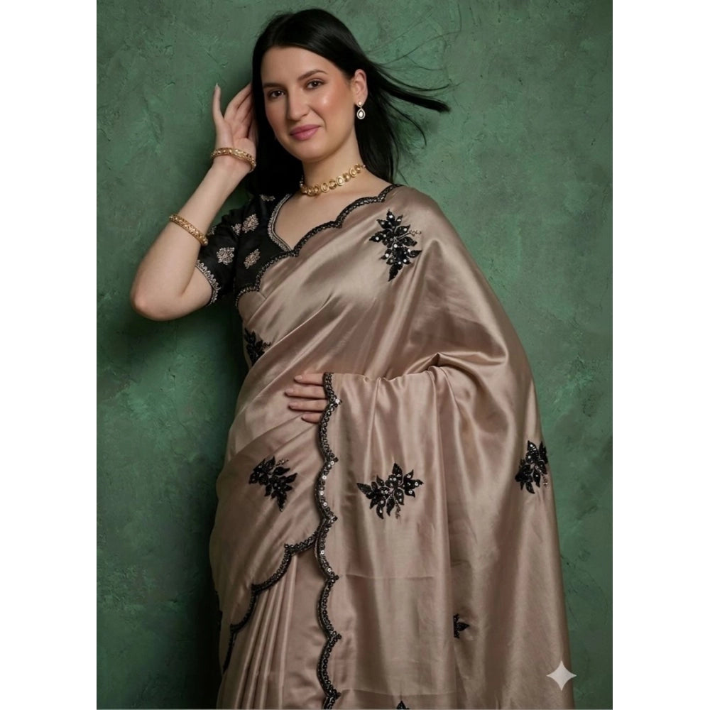 Generic Women's Viscose Silk Embroidered Saree With Unstitched Blouse 5.5Mtr (Beige)