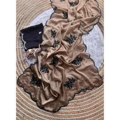 Generic Women's Viscose Silk Embroidered Saree With Unstitched Blouse 5.5Mtr (Beige)