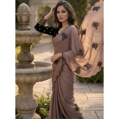 Generic Women's Viscose Silk Embroidered Saree With Unstitched Blouse 5.5Mtr (Brown)