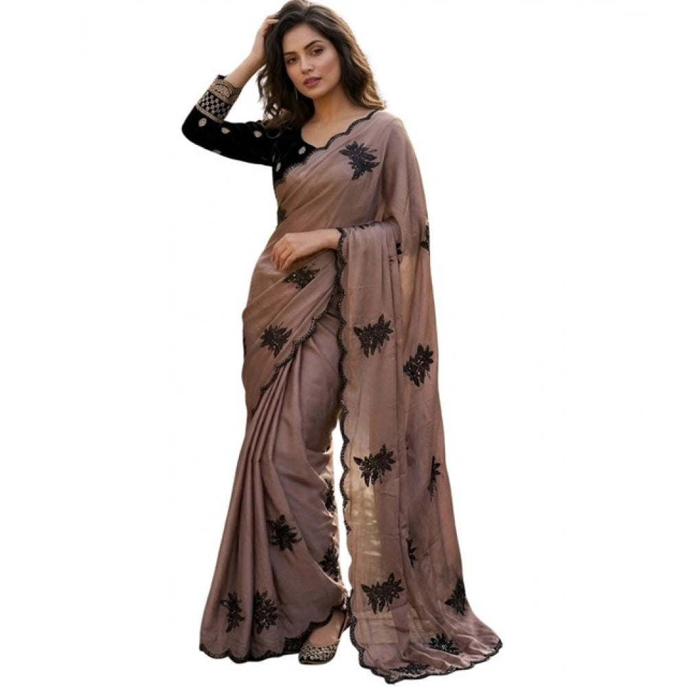 Generic Women's Viscose Silk Embroidered Saree With Unstitched Blouse 5.5Mtr (Brown)