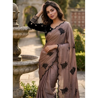 Generic Women's Viscose Silk Embroidered Saree With Unstitched Blouse 5.5Mtr (Brown)