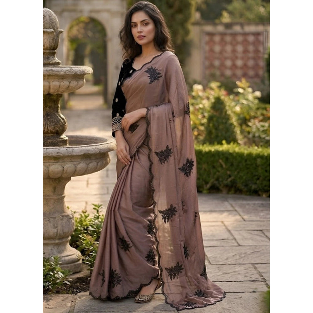 Generic Women's Viscose Silk Embroidered Saree With Unstitched Blouse 5.5Mtr (Brown)