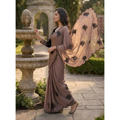 Generic Women's Viscose Silk Embroidered Saree With Unstitched Blouse 5.5Mtr (Brown)