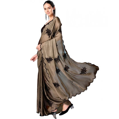 Generic Women's Viscose Silk Embroidered Saree With Unstitched Blouse 5.5Mtr (Beige)