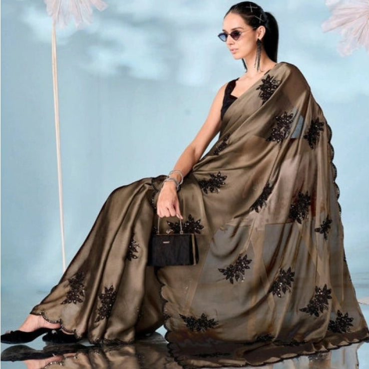 Generic Women's Viscose Silk Embroidered Saree With Unstitched Blouse 5.5Mtr (Beige)