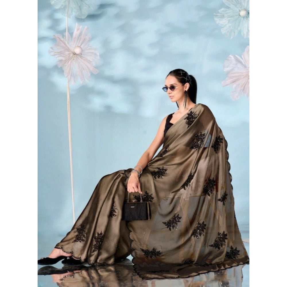Generic Women's Viscose Silk Embroidered Saree With Unstitched Blouse 5.5Mtr (Beige)