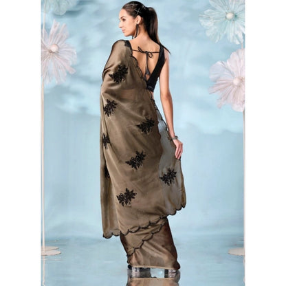 Generic Women's Viscose Silk Embroidered Saree With Unstitched Blouse 5.5Mtr (Beige)