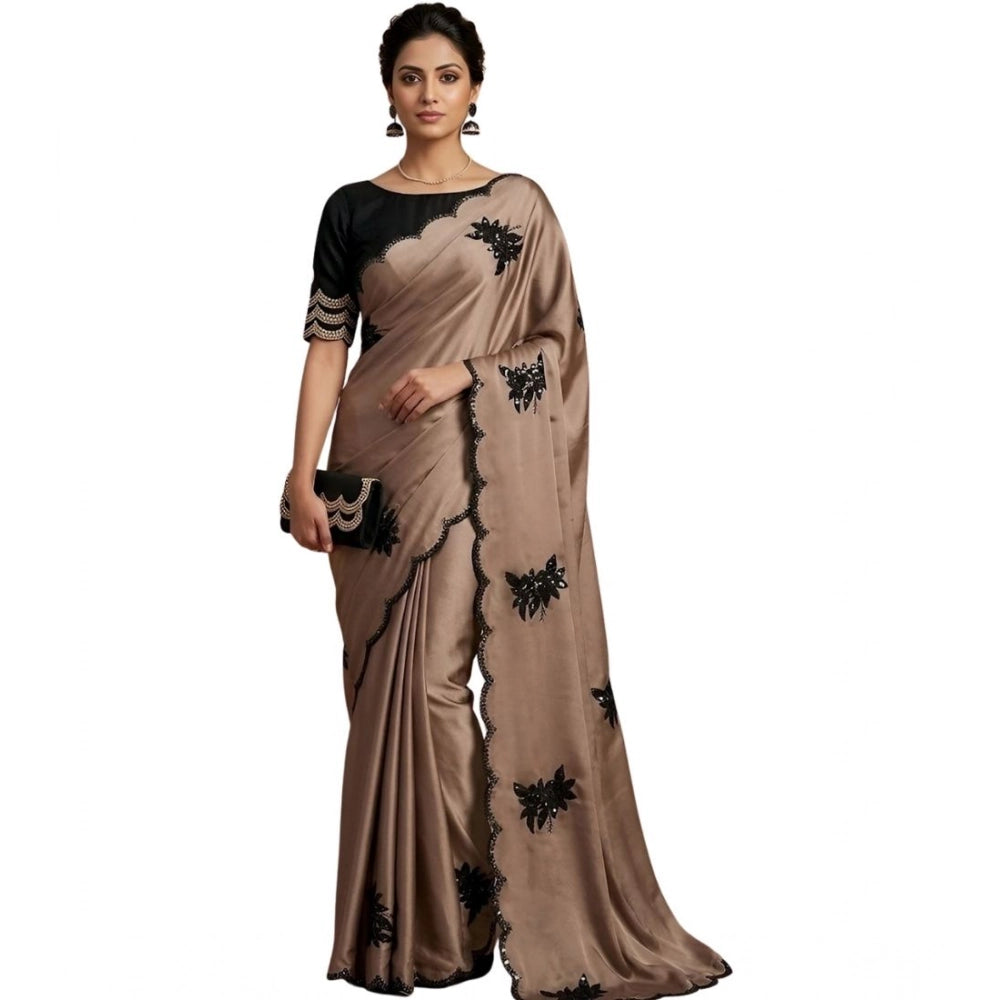 Generic Women's Viscose Silk Embroidered Saree With Unstitched Blouse 5.5Mtr (Beige)