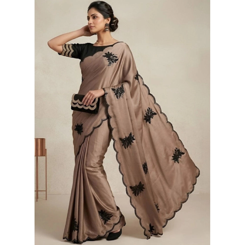 Generic Women's Viscose Silk Embroidered Saree With Unstitched Blouse 5.5Mtr (Beige)