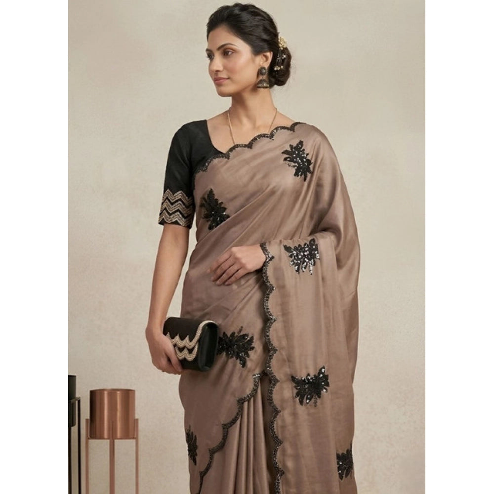 Generic Women's Viscose Silk Embroidered Saree With Unstitched Blouse 5.5Mtr (Beige)