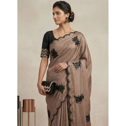 Generic Women's Viscose Silk Embroidered Saree With Unstitched Blouse 5.5Mtr (Beige)
